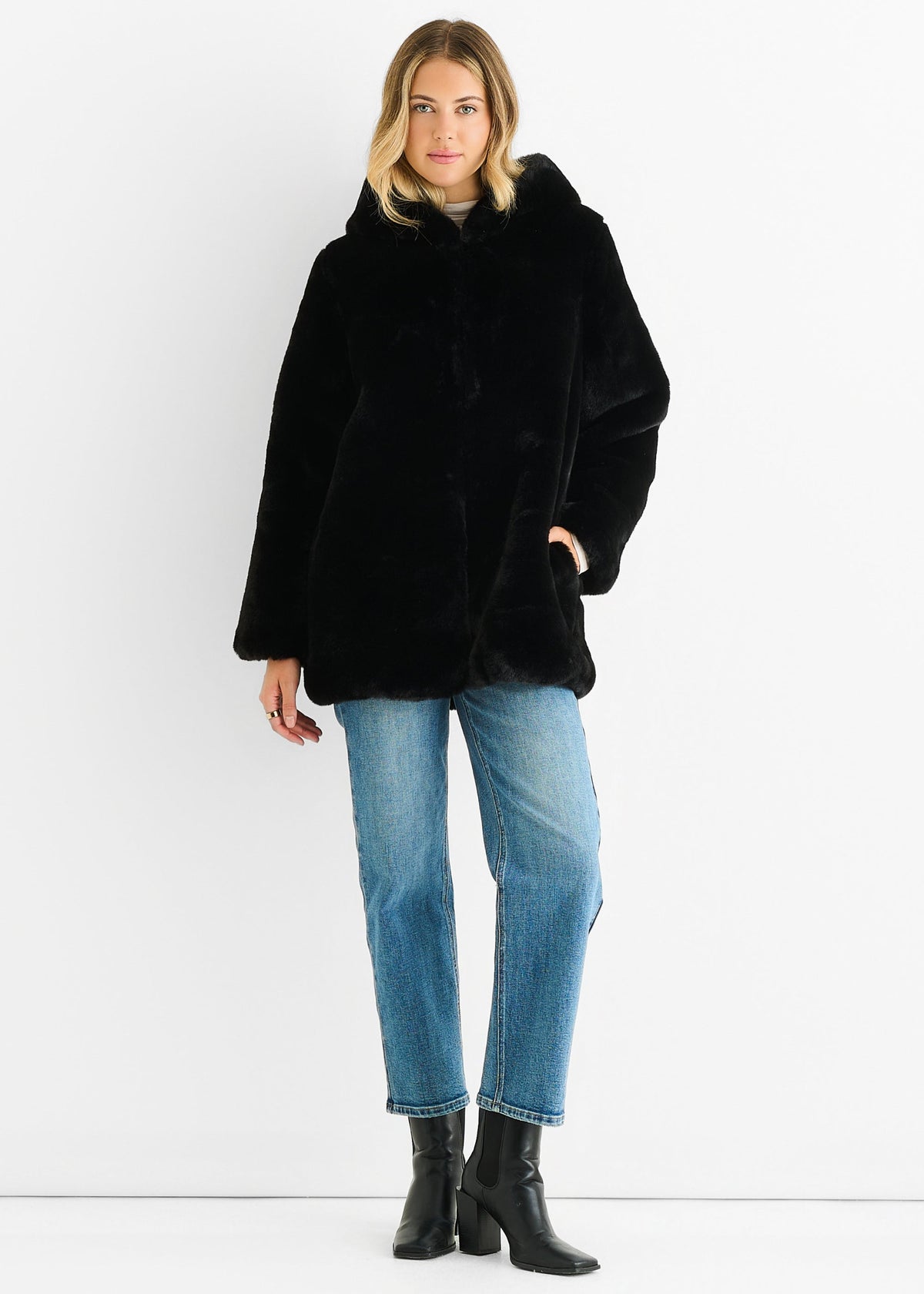 Black Hooded Long Sleeve Faux Fur Jacket