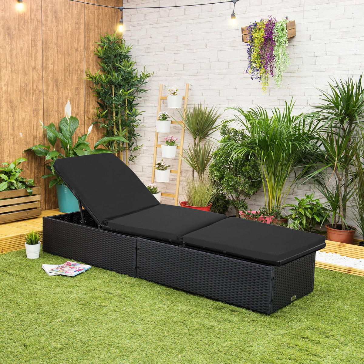 Garden Sun Lounger Cushions Outdoor Foldable Sunbed Cushions with Back Straps Water-Resistant - Black