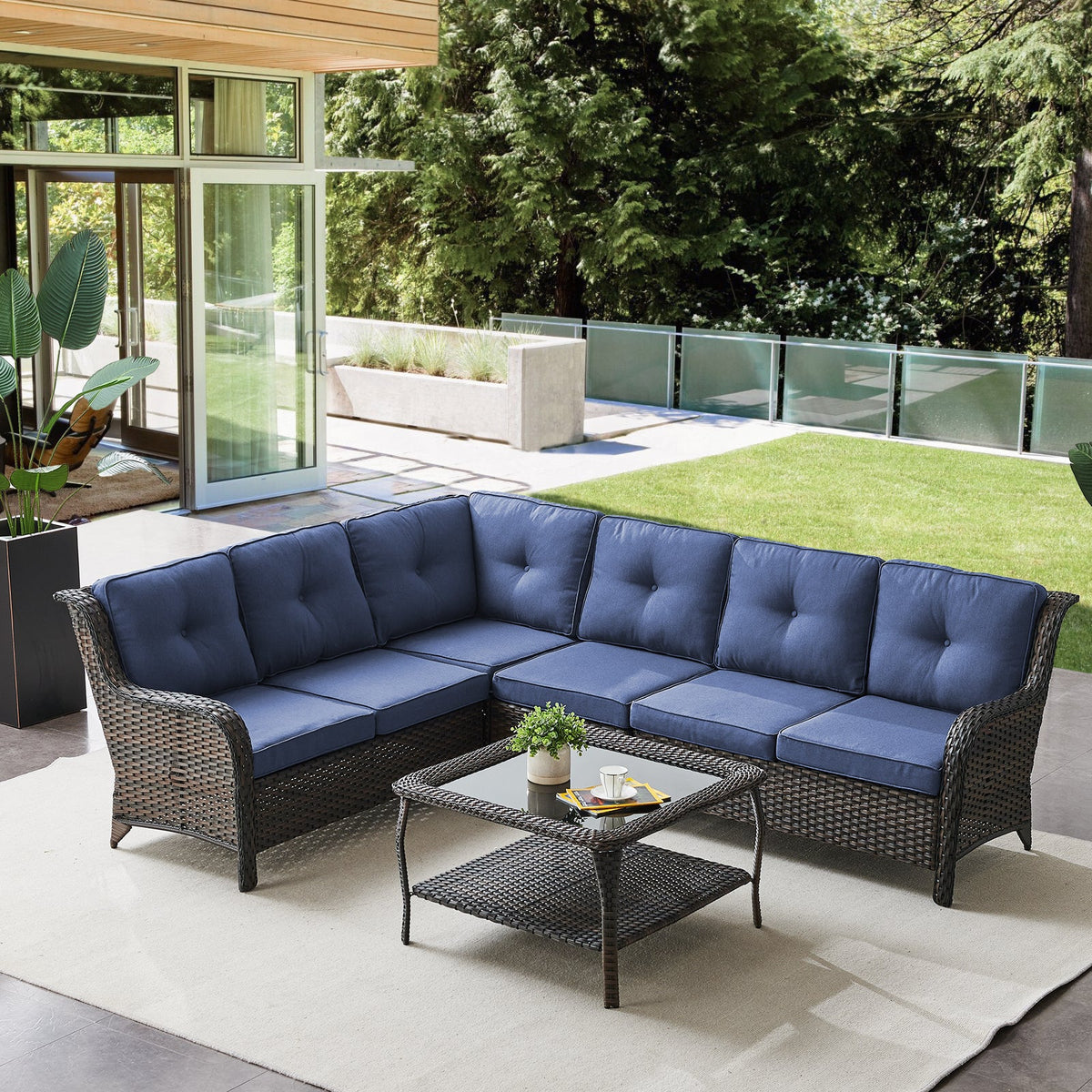 3 Pieces L-Shaped Wicker Sectional Sofa Set – Seats 6, NTC Series - Brown Wicker / Blue Cushion