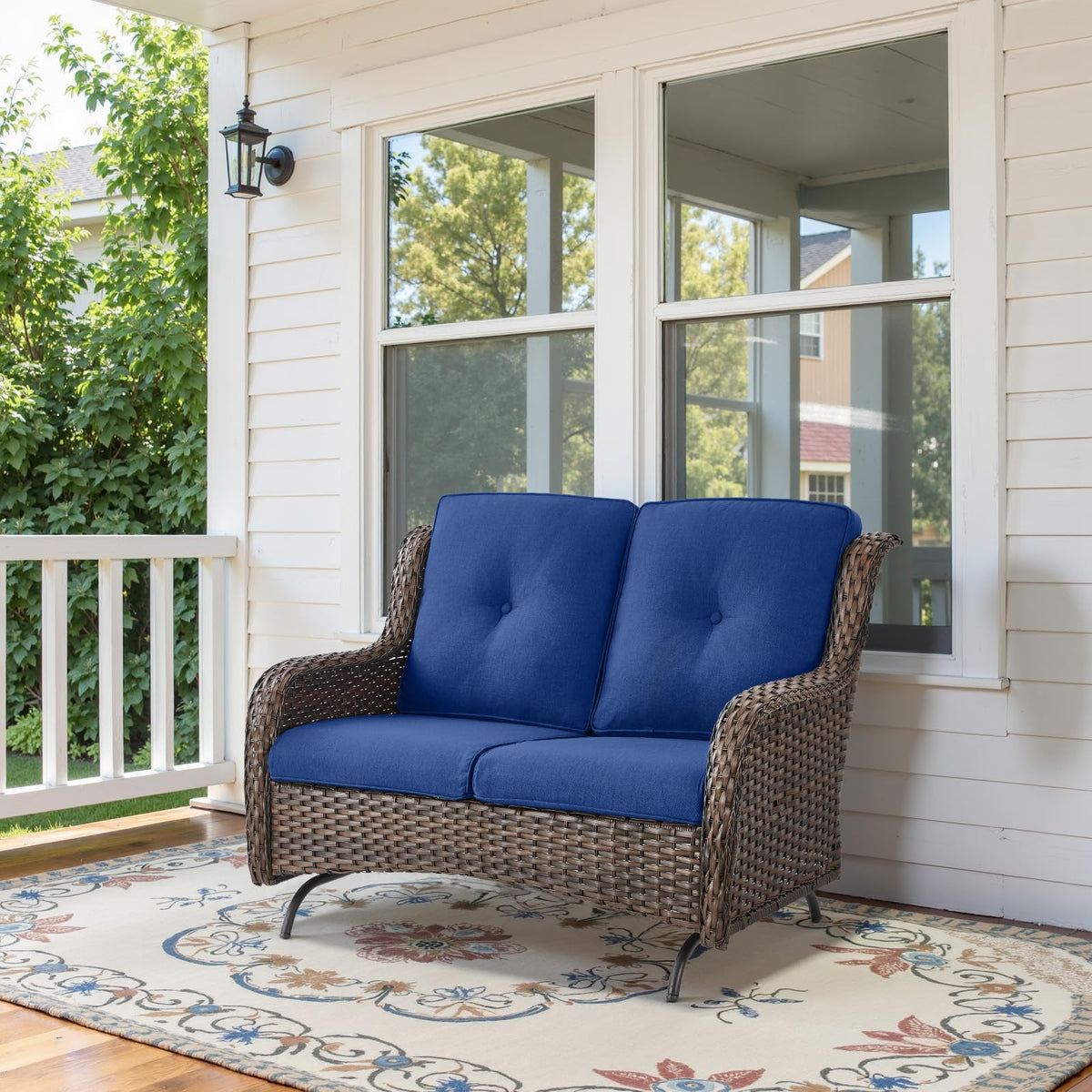 Outdoor Patio Wicker Glider Loveseat for Garden Backyard, NTC Series - Brown Wicker / Blue Cushion