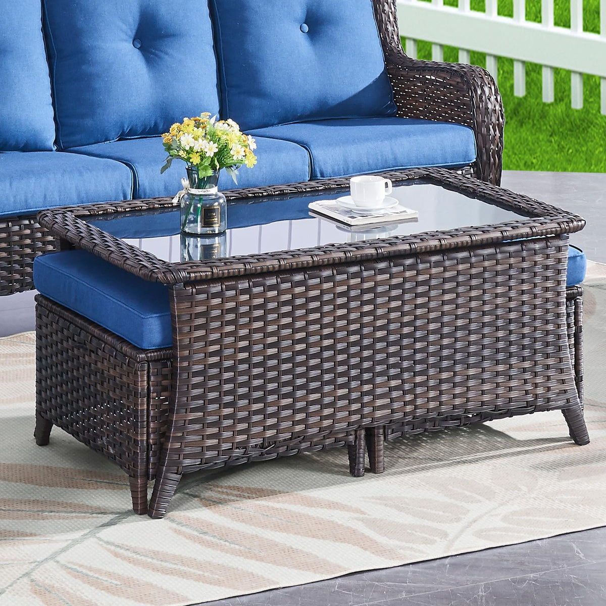 Outdoor Wicker Coffee Table with Ottoman Storage, NTC Series - Brown Wicker