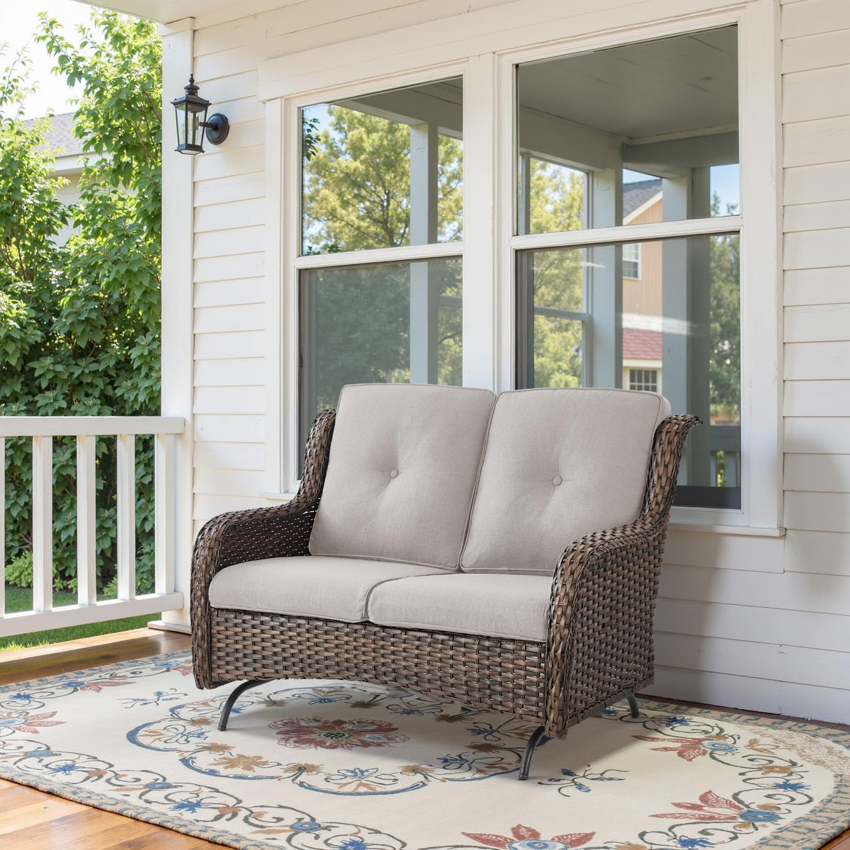 Outdoor Patio Wicker Glider Loveseat for Garden Backyard, NTC Series - Brown Wicker / Beige Cushion