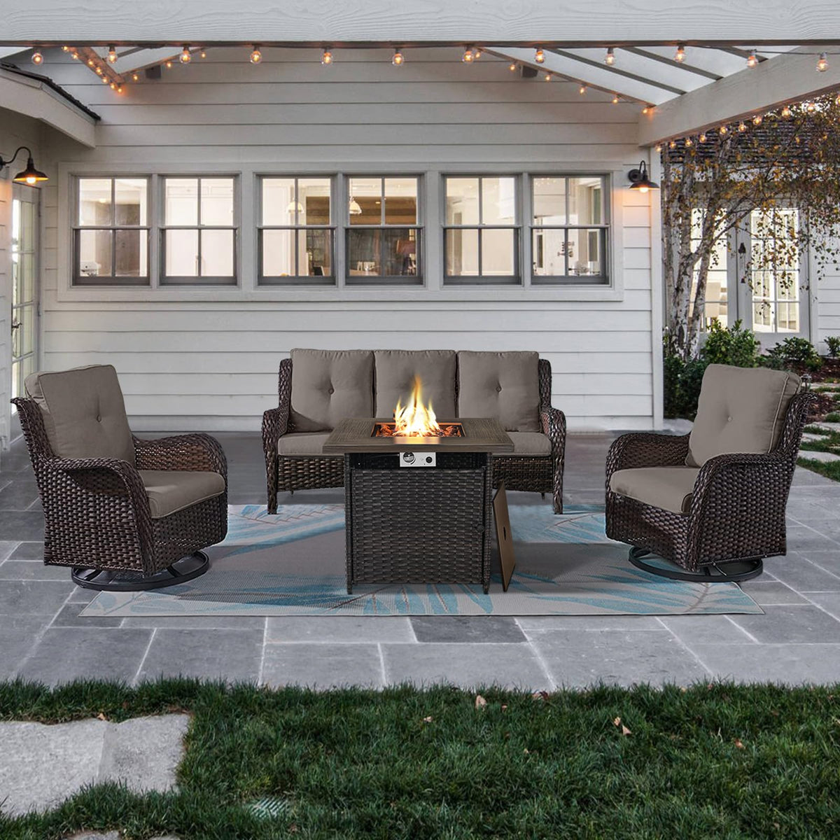 4-Piece Wicker Patio Set with Fire Pit Table, NTC Series - Brown Wicker / Grey Cushion