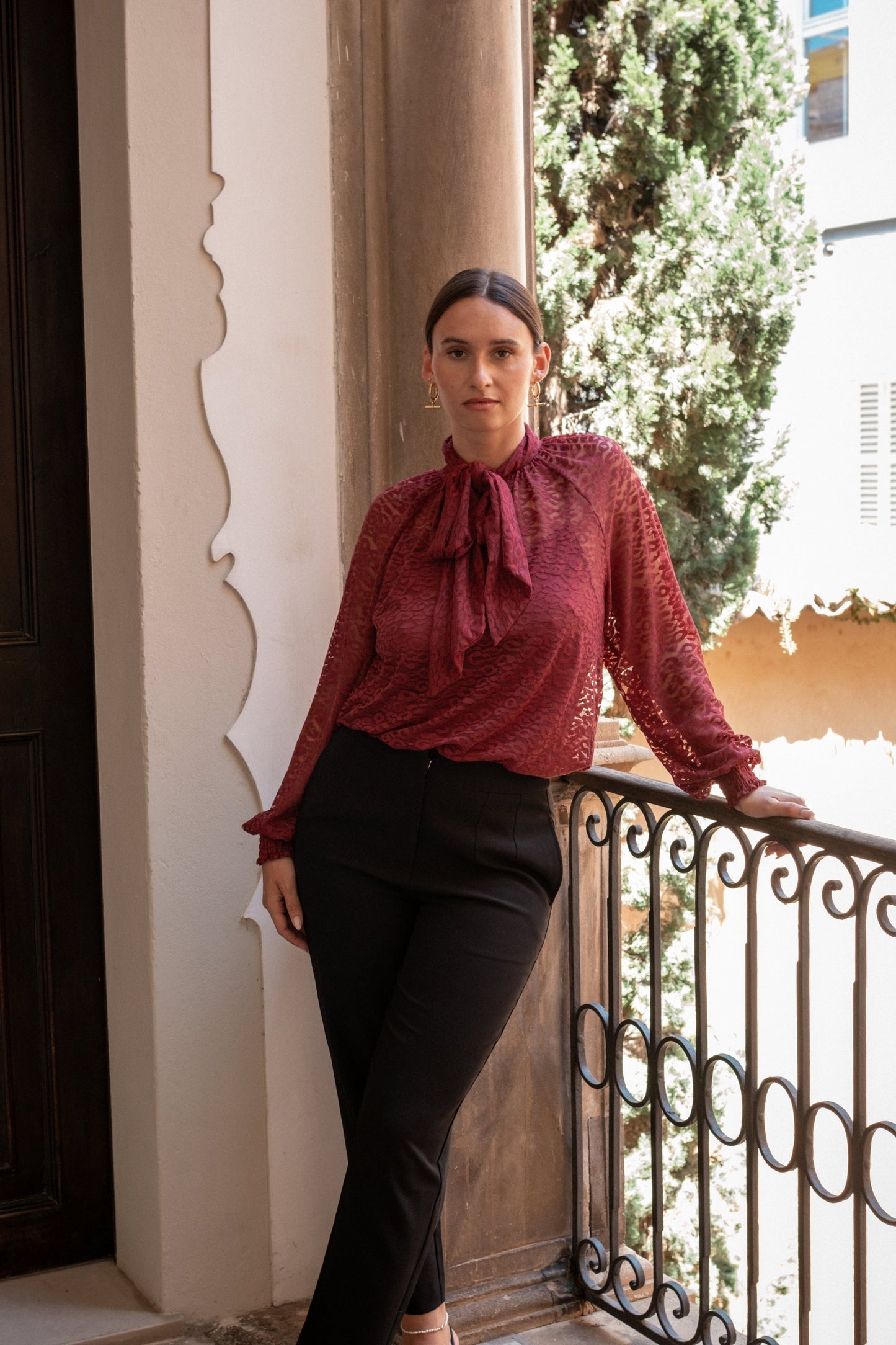 Burgundy Animal Lace Neck Tie Detail Blouse