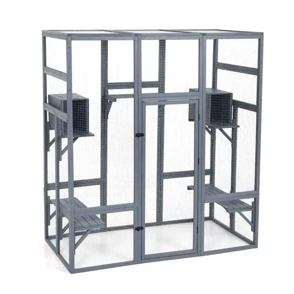 Coziwow 62″L Walk-In Wooden Cat Enclosure - Gray / Standard
