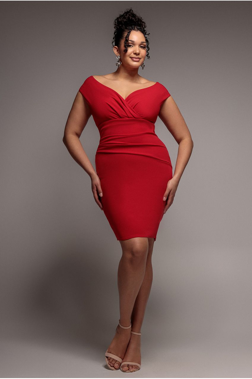 Bardot Pleated Midi Dress - Red by Goddiva Plus