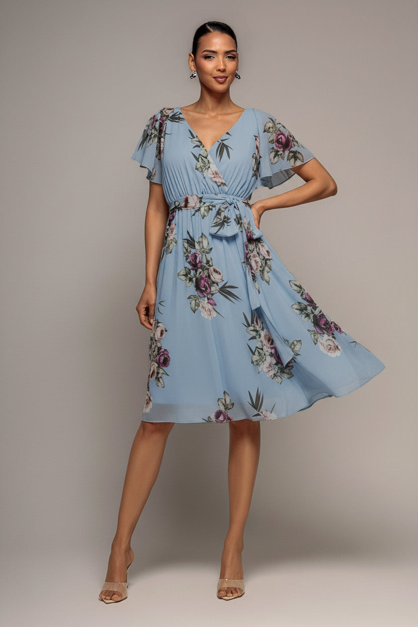Sustainable Floral Print Midi Wrap Dress With Flutter Sleeves - Airforce Blue by Goddiva