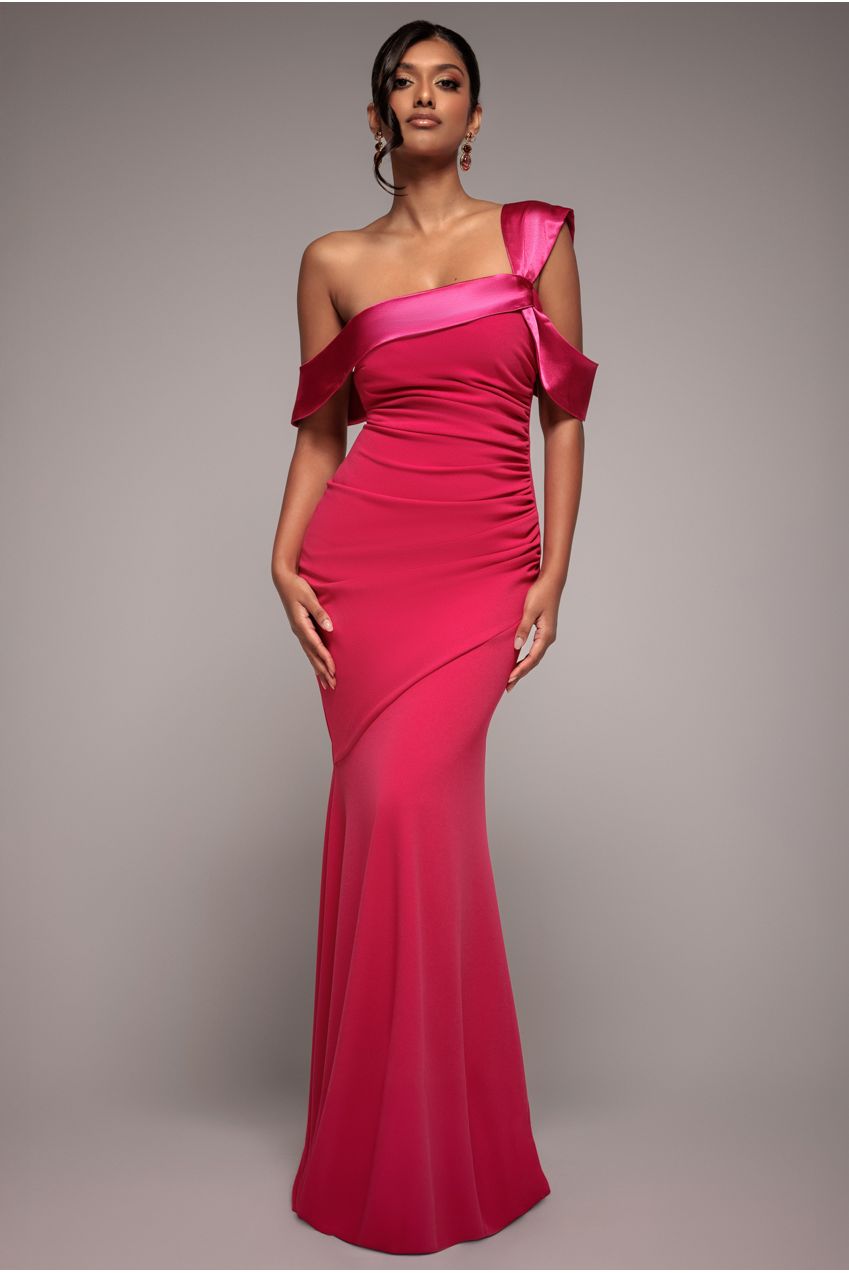 Goddiva One Shoulder Satin Band Maxi Dress - Magenta
