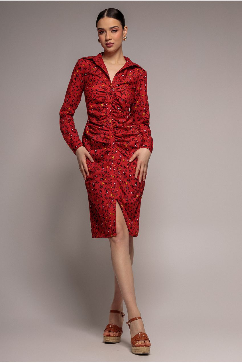 Goddiva Floral Print Shirt Dress - Red