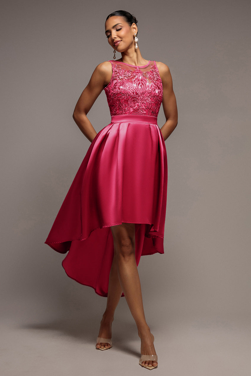 Goddiva Sequin & Satin Dipped Hem Midi - Hot Pink