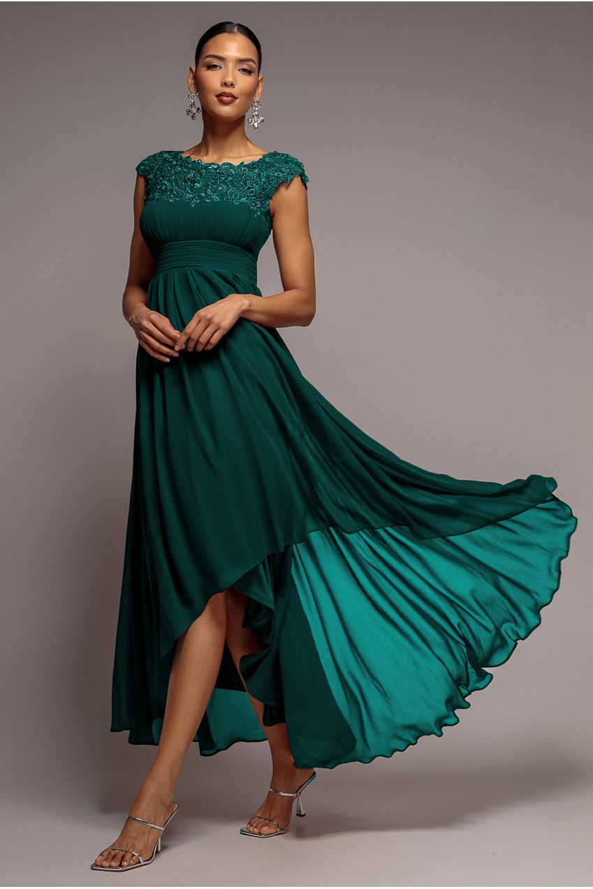 Goddiva Crochet & Pleated Top High Low Maxi - Emerald