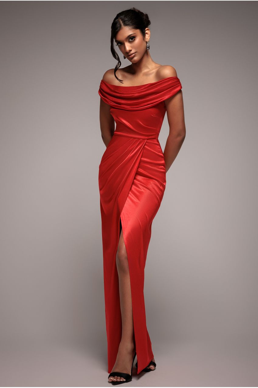 Goddiva Cowl Bardot Satin Twill Maxi Dress - Red