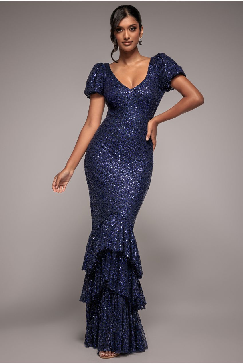 Goddiva Puff Sleeve Tiered Hem Maxi Dress - Navy