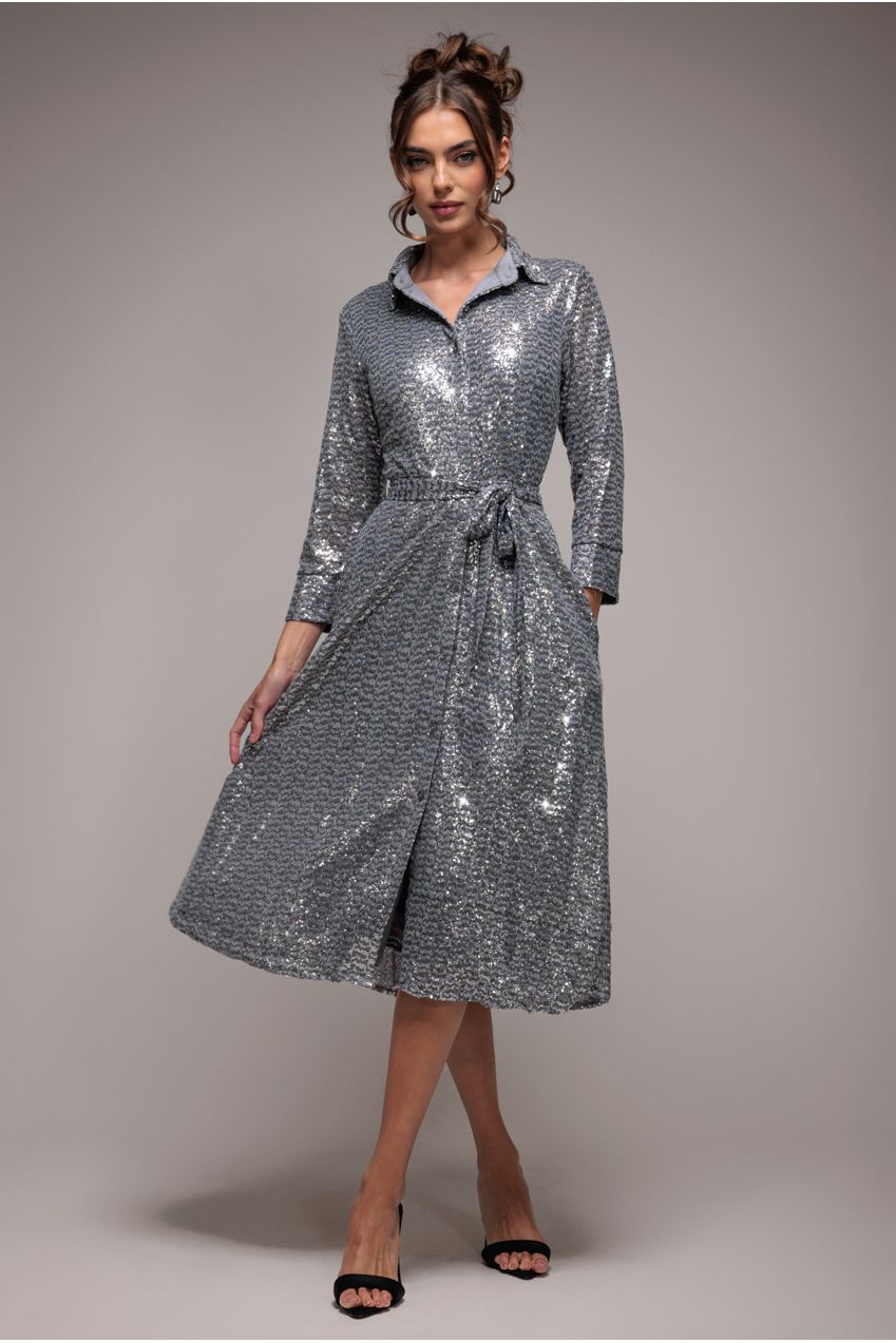 Goddiva Sequin Skater Shirt Dress - Silver