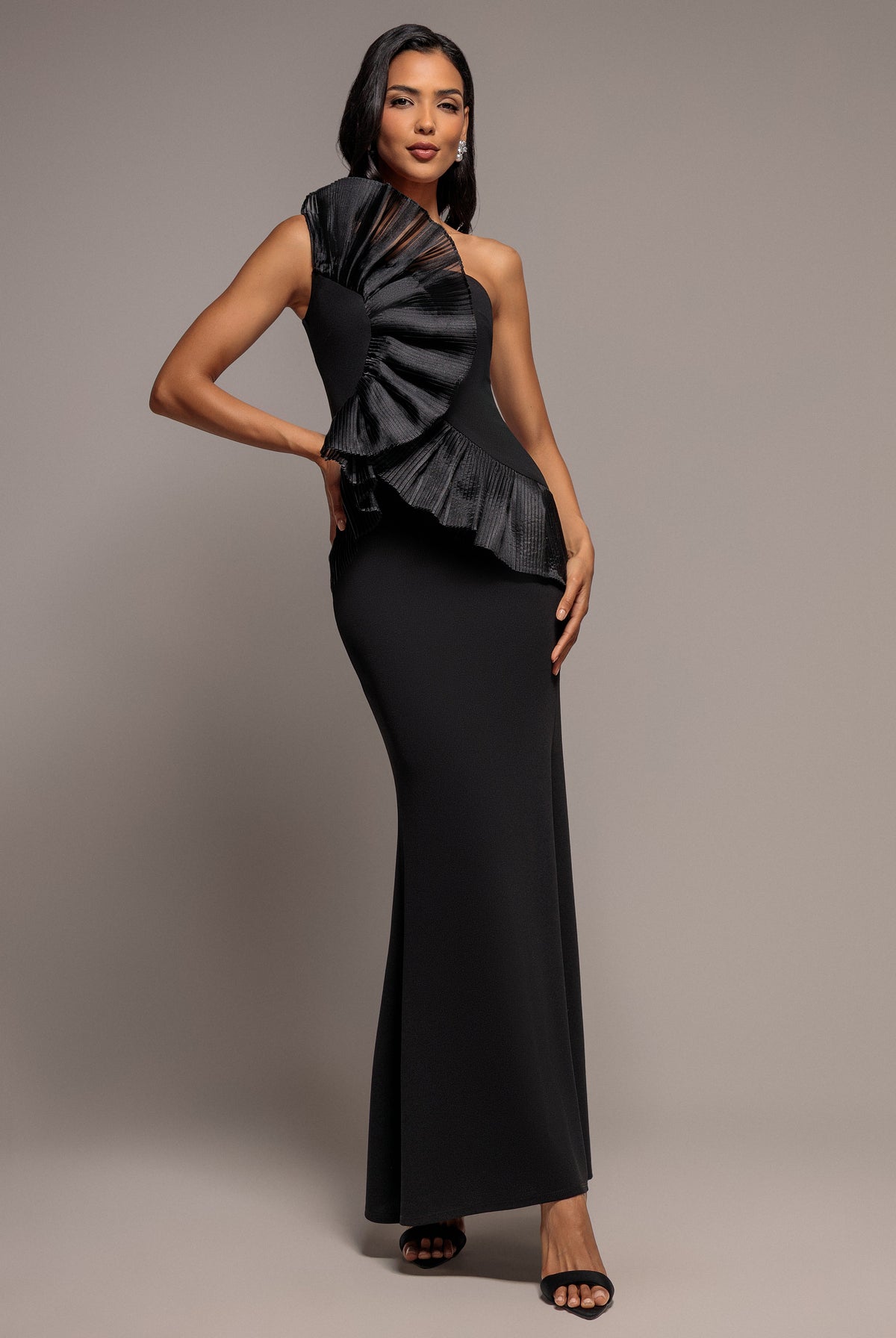 One Shoulder Pleated Fan Maxi Dress - Black by Goddiva