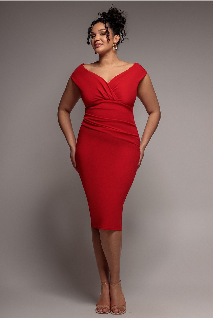 Scuba Bardot Pleated Midi Dress - Red by Goddiva Plus
