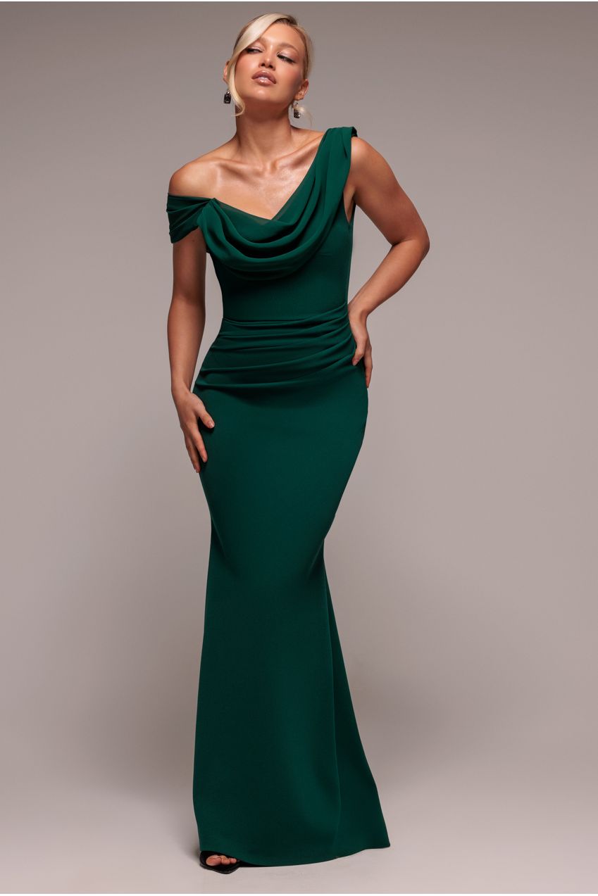 Goddiva Asymmetric Chiffon Cowl Neck Scuba Maxi Dress - Emerald Green