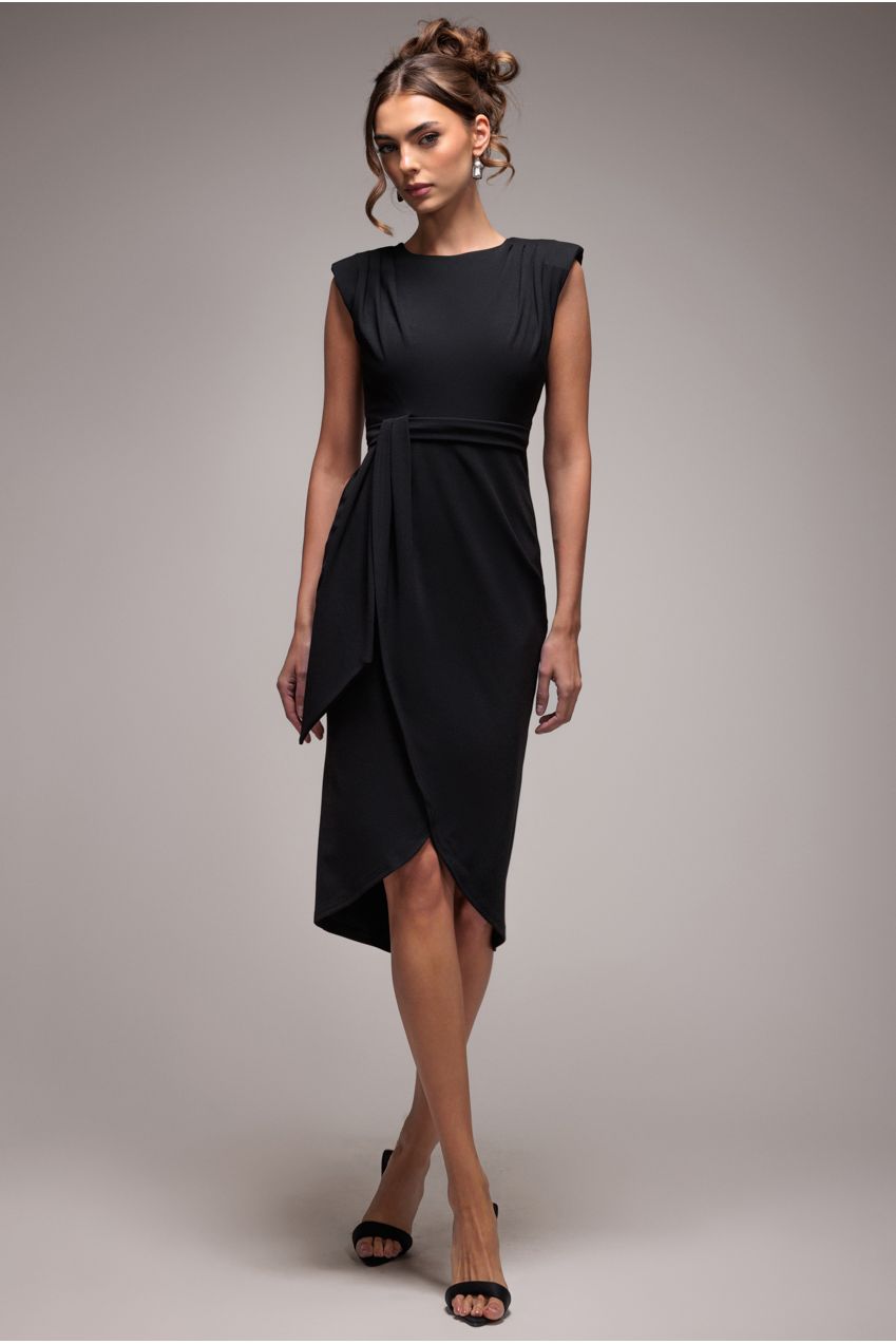 Goddiva Sleeveless Asymmetric Wrap Midi Dress - Black
