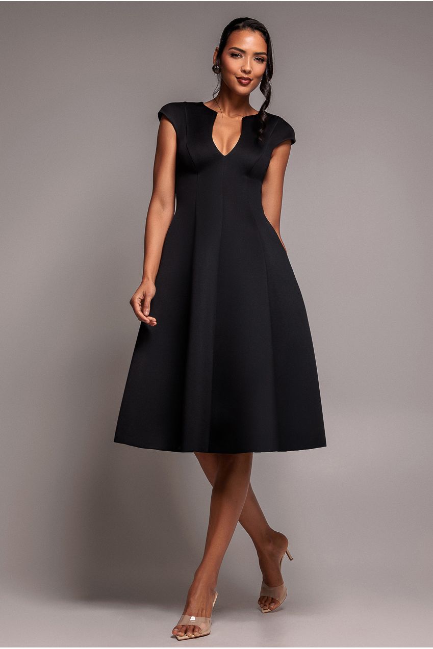 Goddiva Cap Sleeve Plunging V-Neckline A-line Midi Dress - Black