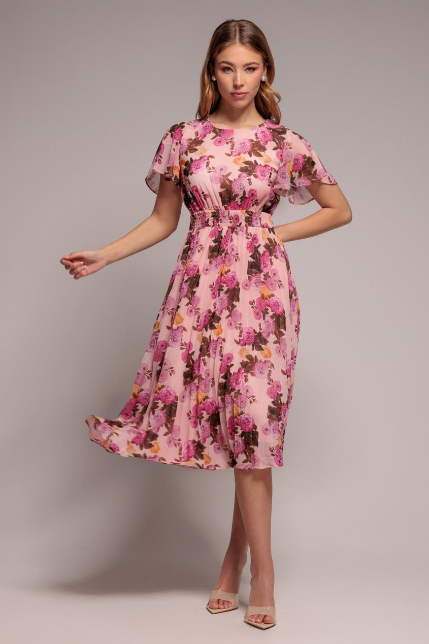 Flutter Sleeve Pleated Skirt Floral Midi Dress - Pink by Goddiva