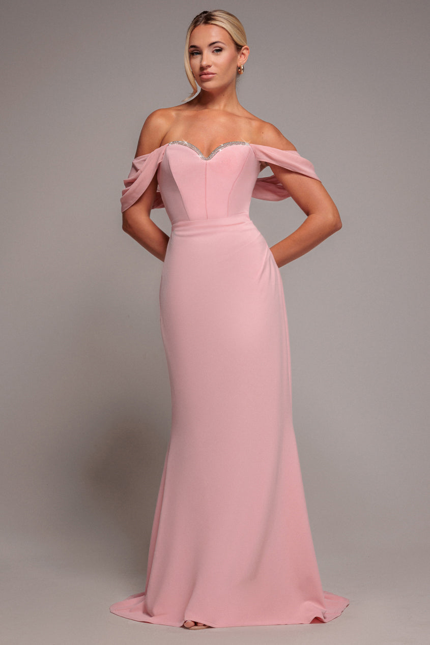 Off The Shoulder Draped Sleeve Maxi Dress With Diamante Neckline - Blush Pink by Goddiva