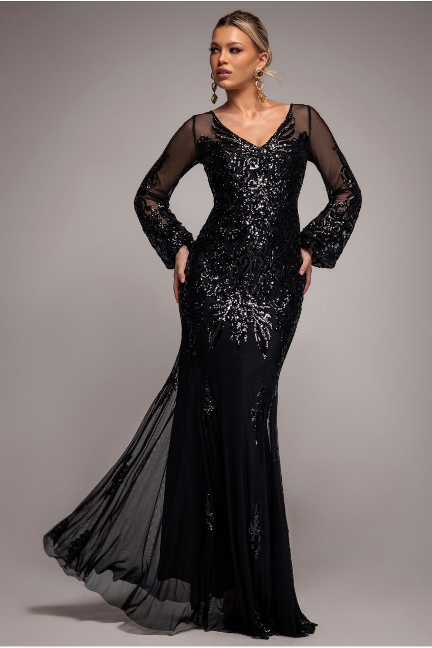 Embellished Sequin Bishop Sleeve Maxi Dress - Black by Goddiva