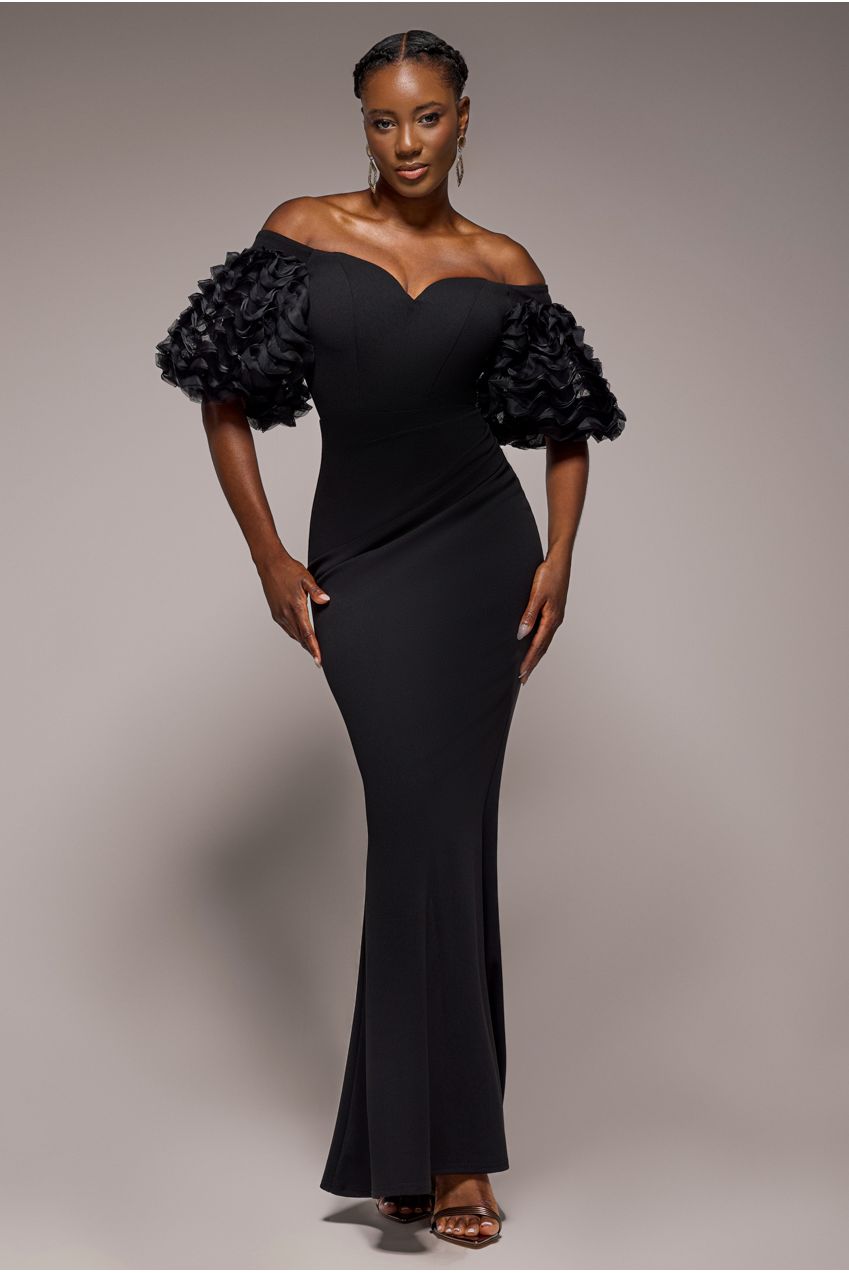 Off The Shoulder 3D Puffed Sleeve Sweetheart Maxi Dress - Black by Goddiva