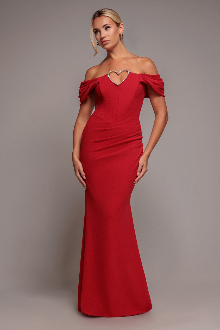 Goddiva Diamante Heart Trim Evening Maxi Dress - Red