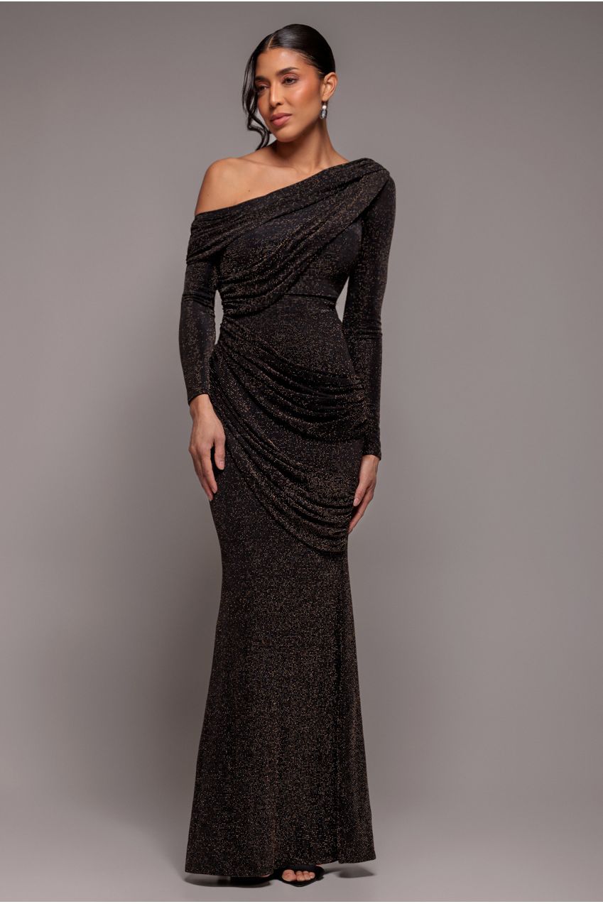 Goddiva Off The Shoulder Gathered Panel Sparkle Lurex Maxi Dress - Black Gold