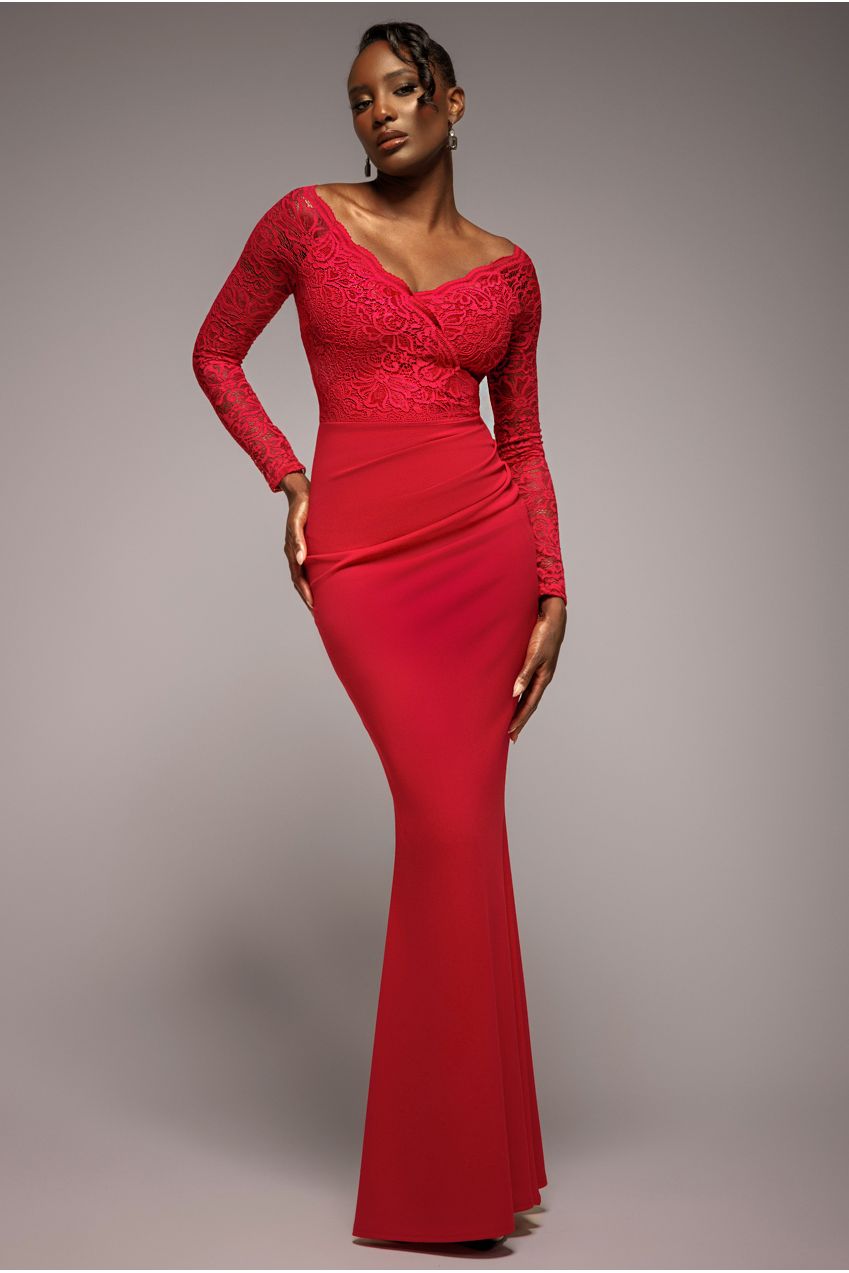 Goddiva Scalloped Lace Bodice Long Sleeve Bardot Maxi Dress - Red