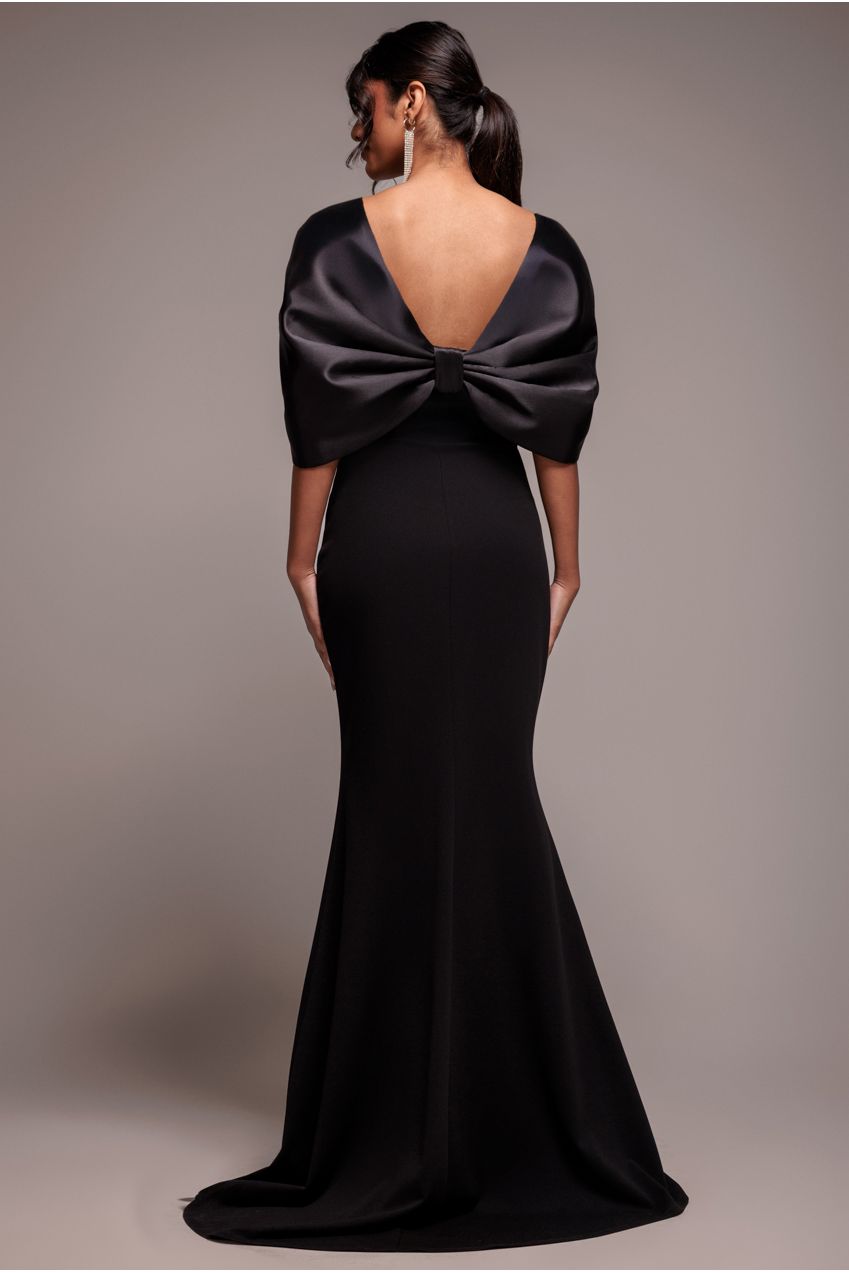 Goddiva Off Shoulder Back Satin Bow Scuba Maxi Dress - Black