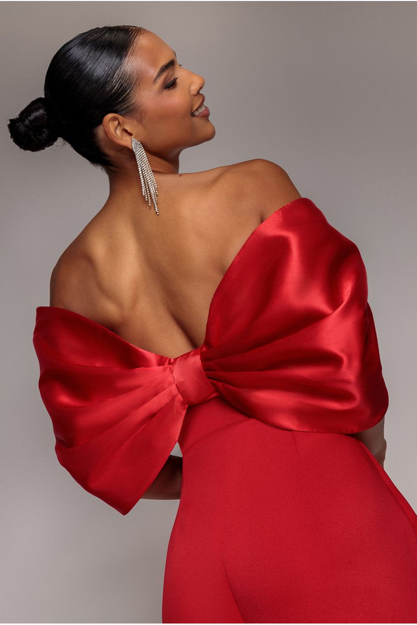 Off Shoulder Back Satin Bow Scuba Mini Dress - Red by Goddiva