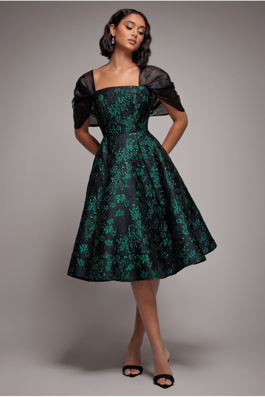 Lace Up Jacquard Midi Dress With Organza Wings - Emerald Black by Goddiva