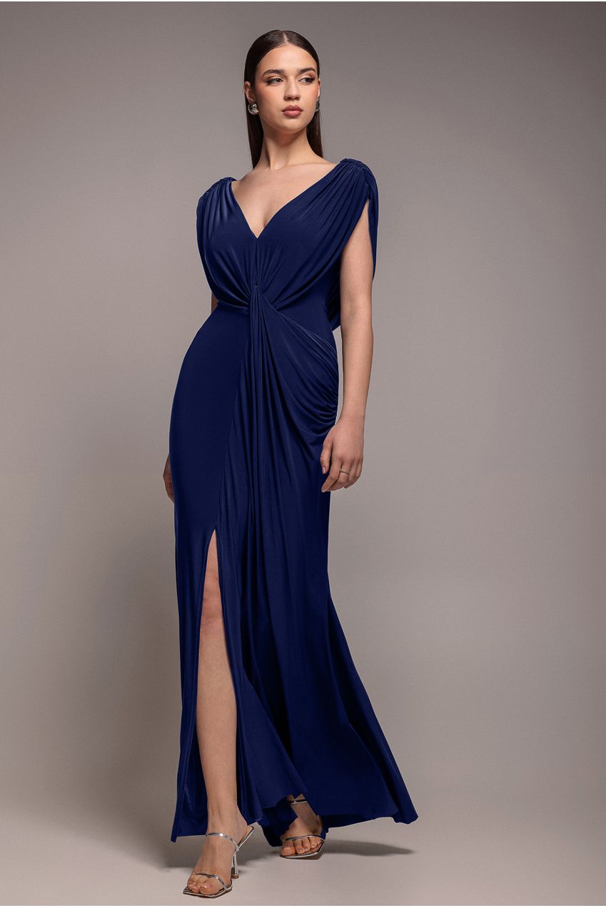 Goddiva Cowl Plunge Draped Mermaid Maxi Dress - Navy Blue