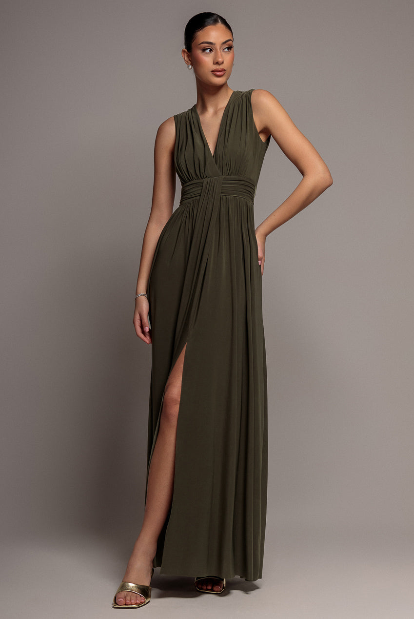 Gathered Shoulder Wrap Neck Draped Waist Maxi Dress - Khaki by Goddiva