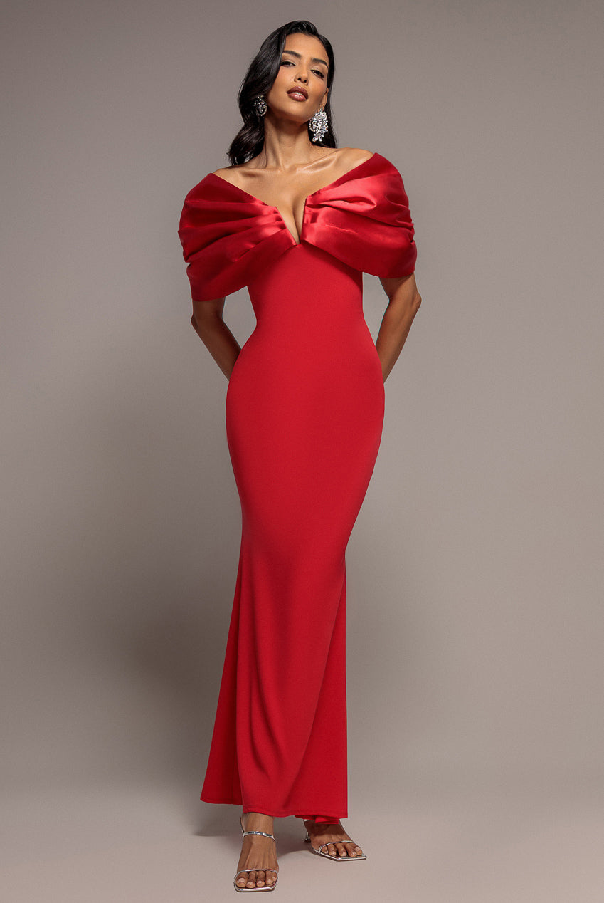 Goddiva Satin Plunge Neck Bardot Scuba Maxi Dress - Red