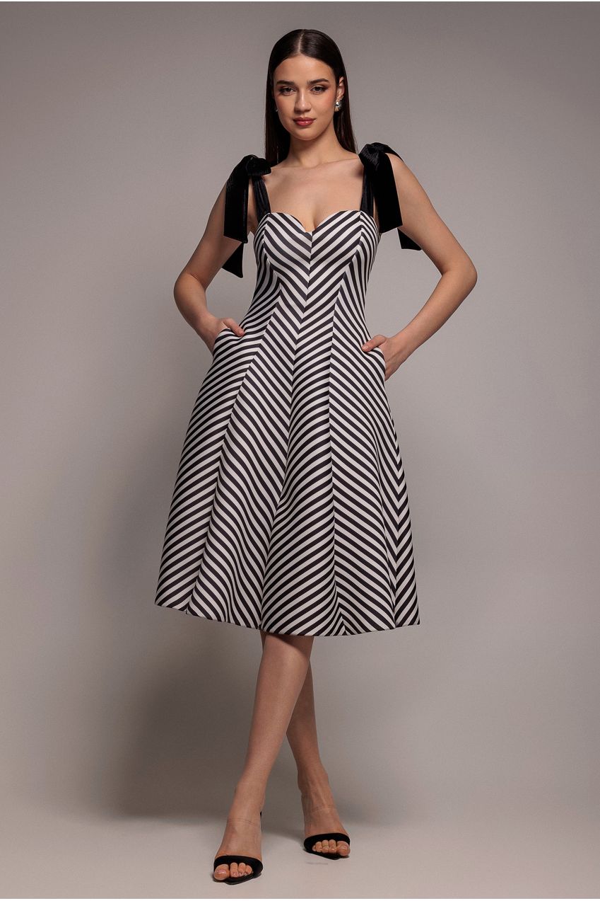 Goddiva Diagonal Stripe Velvet Bow A Line Midi Dress - Black White