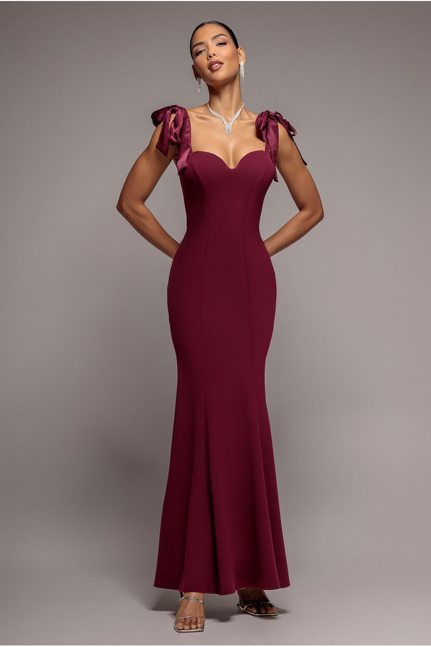 Goddiva Multiway Bow Soft Satin Sweetheart Maxi Dress - Burgundy