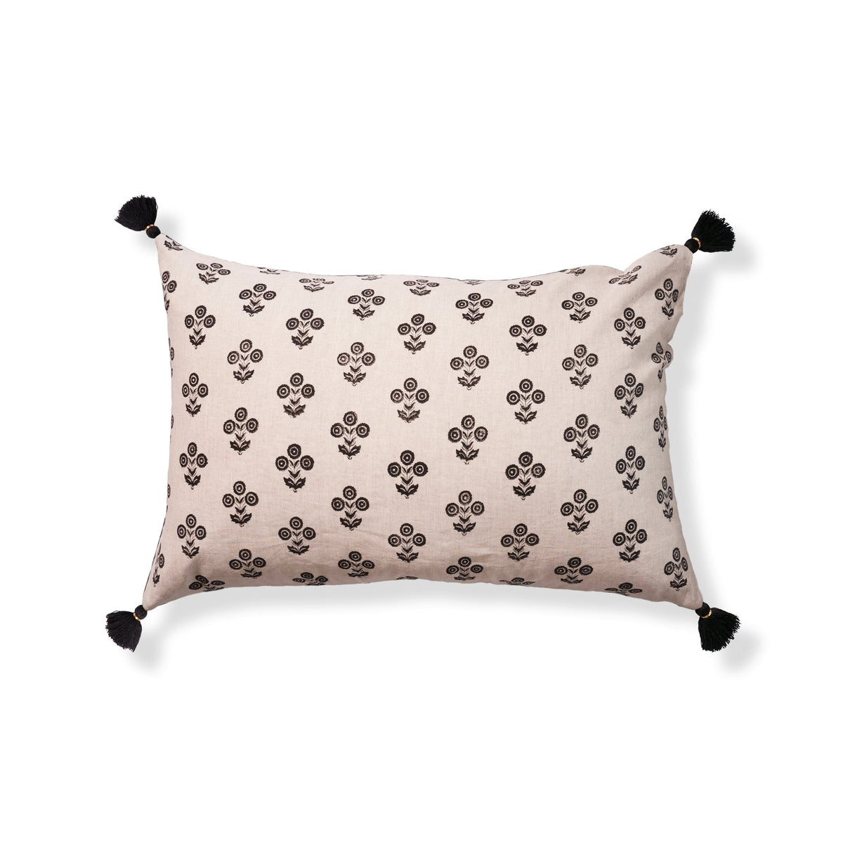 Flora Block Print Pillow - 16" x 24" / Linen/Black