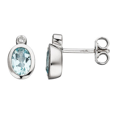 Ohrstecker oval 585 Gold Weißgold 2 Diamanten 2 Aquamarine hellblau blau
