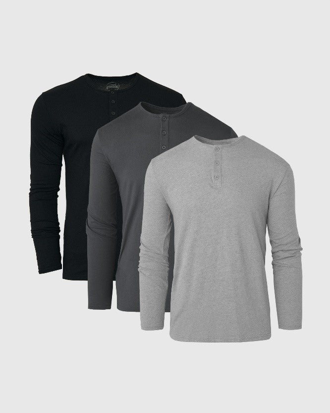 True Classic The Essentials Classic Long Sleeve Henley Shirt 3-Pack | Cotton Blend | Athletic Cut | Small