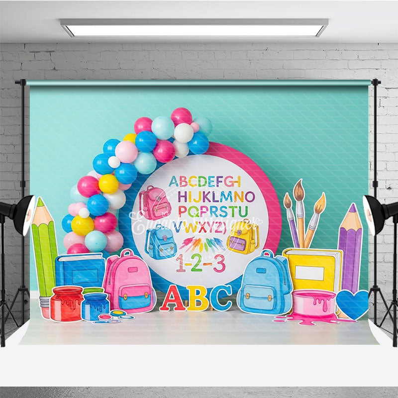 Aperturee Alphabet Back To School Backdrop Colorful ABC Letters Backpacks Photography Background Studio