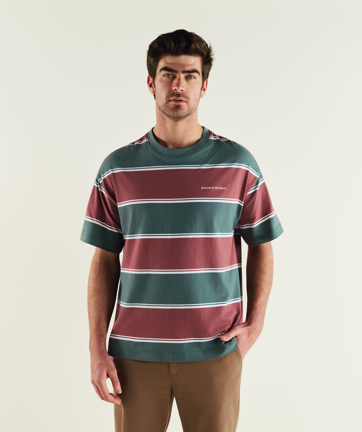 Mens Relaxed Stripe Tee - Burgundy & Green