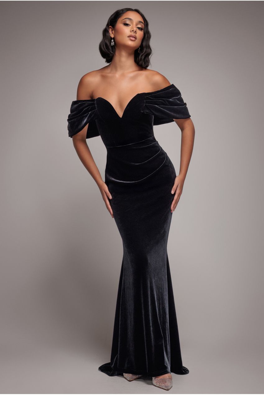 Off The Shoulder Deep Plunge Velvet Maxi Dress - Black by Goddiva