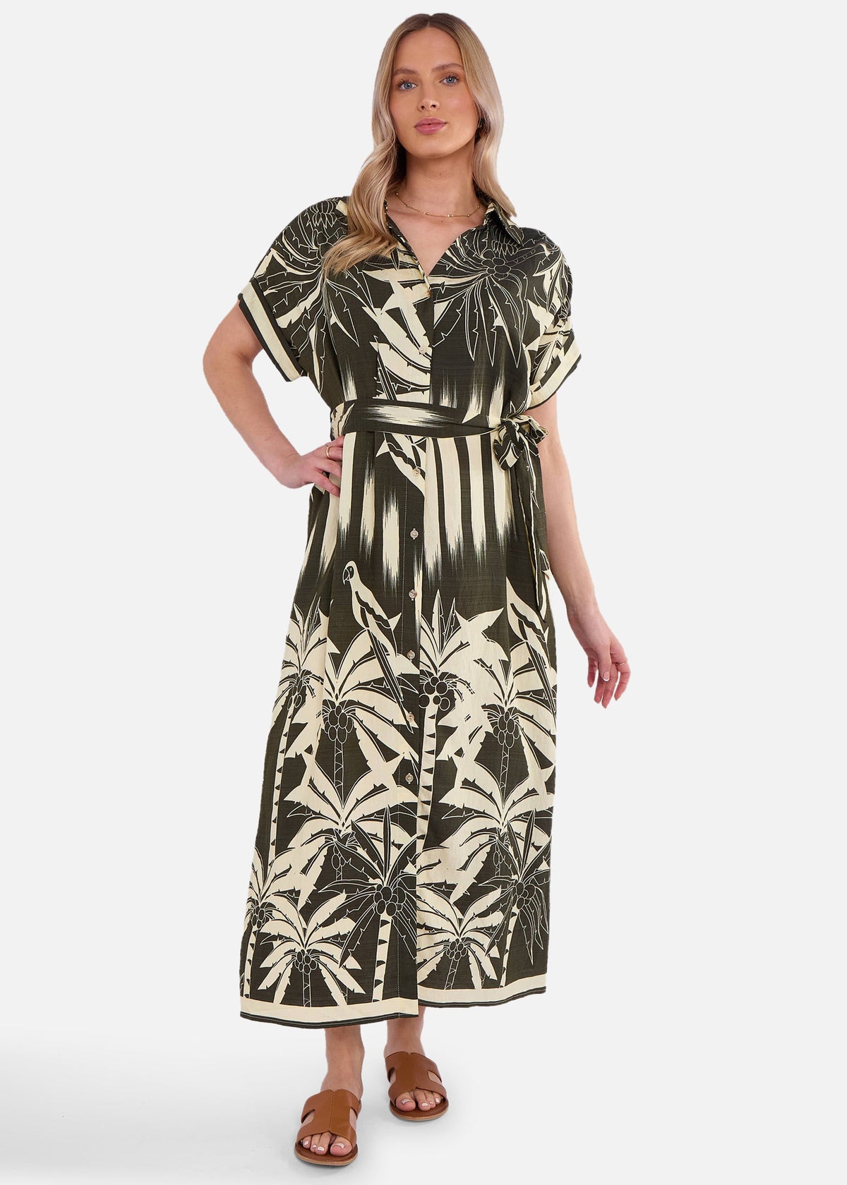 Khaki Tropical Print Midi Shirt Dress - S-M (UK 8-10/US 4-6/EU 36-38)