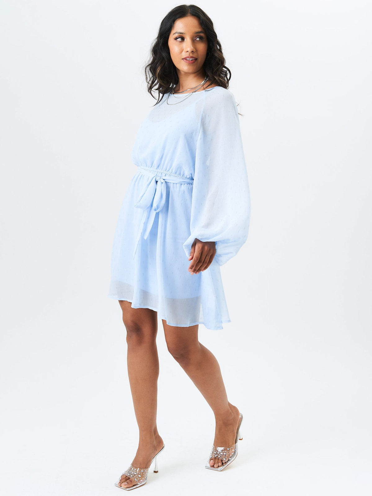 Blue Long Sleeve Chiffon Foil Mini Dress - S-M (UK 8-10/US 4-6/EU 36-38)