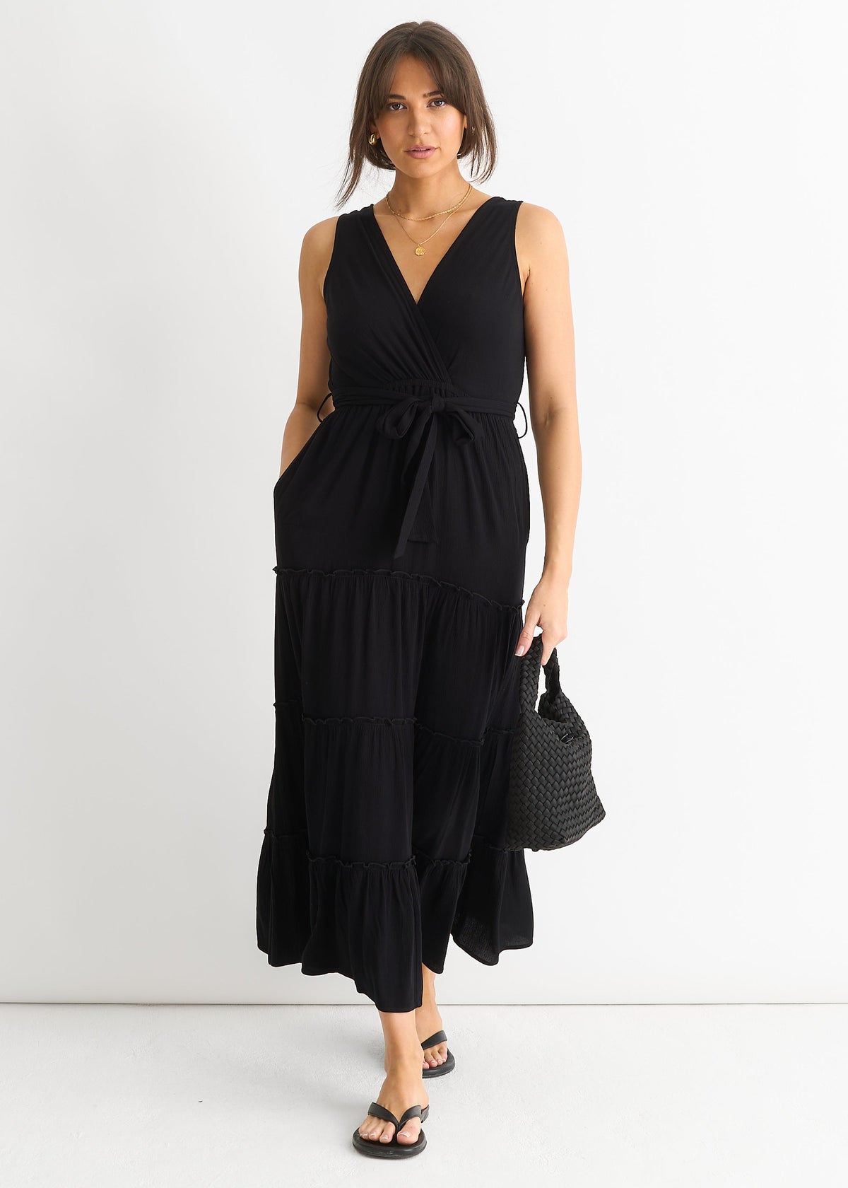 Black Viscose Wrap Tiered Maxi Dress - UK 8 / US 4 / EU 36