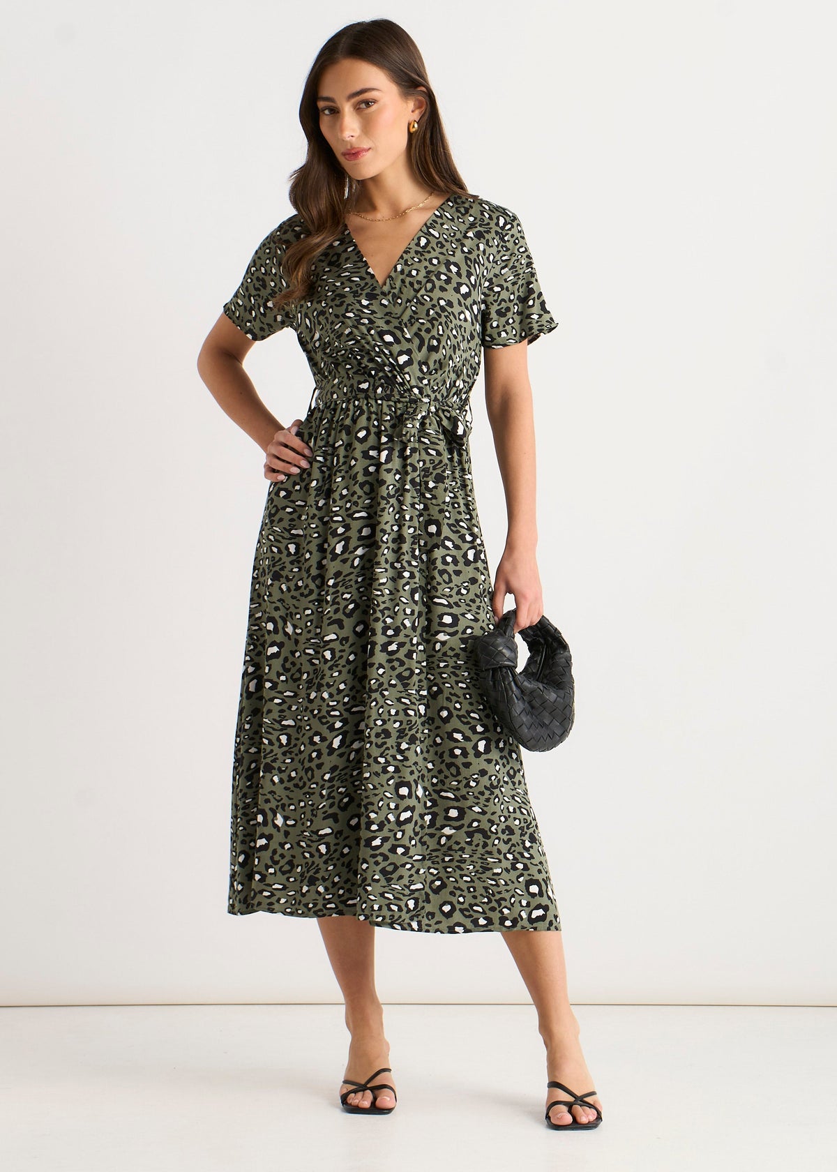 Khaki Viscose Short Sleeve Animal Print Wrap Front Midi Dress