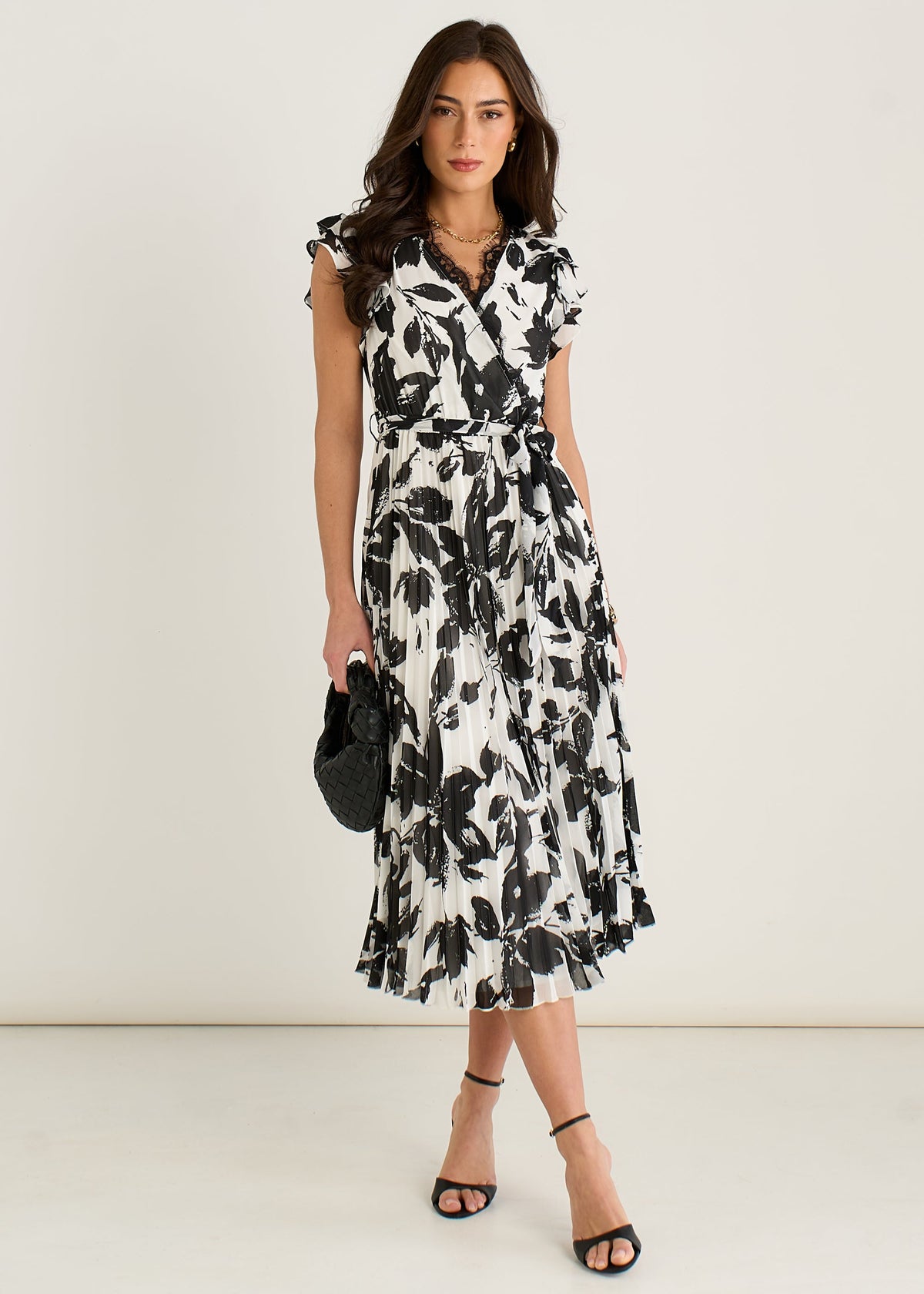 Lace Trim Mono Pleated Wrap Midi Dress