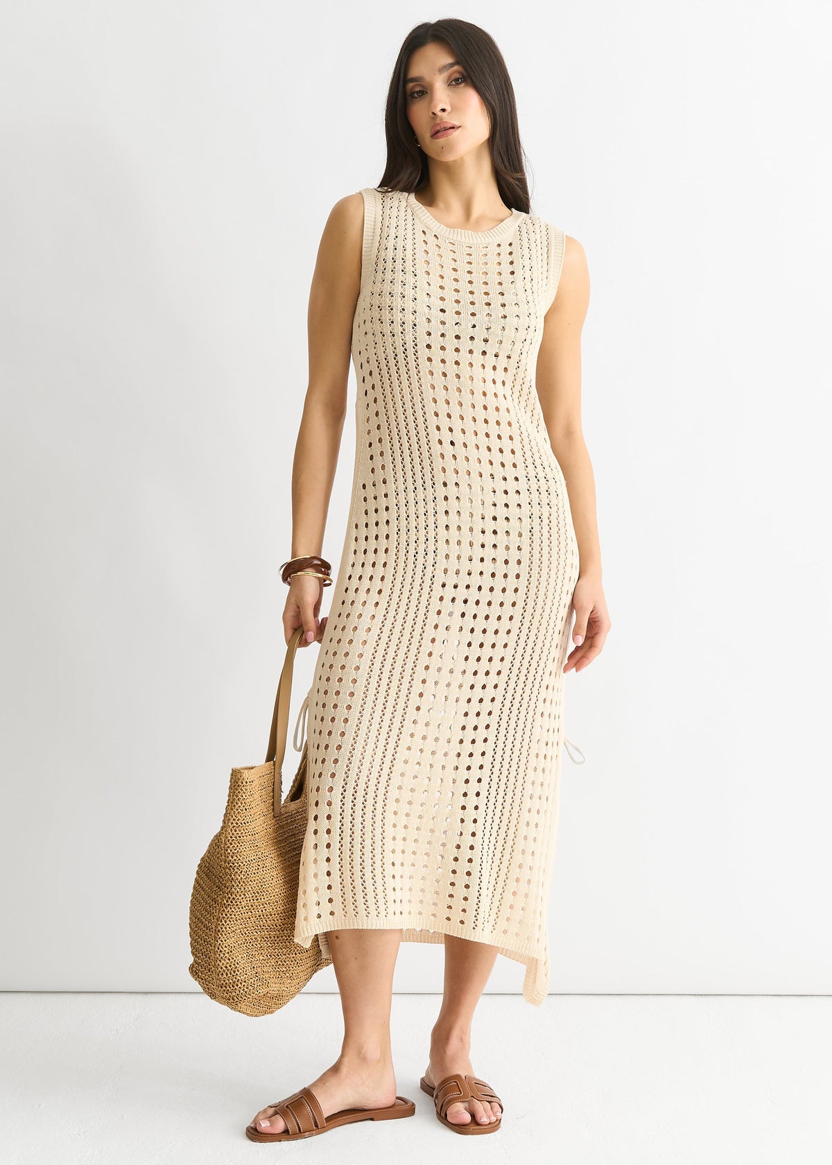 Beige Crochet Knit Bodycon Midi Dress
